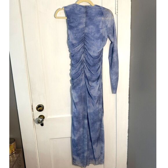 ZARA One Sleeve Asymmetrical Tulle Mesh Lined Midi Dress Blue Size Small - Picture 7 of 8